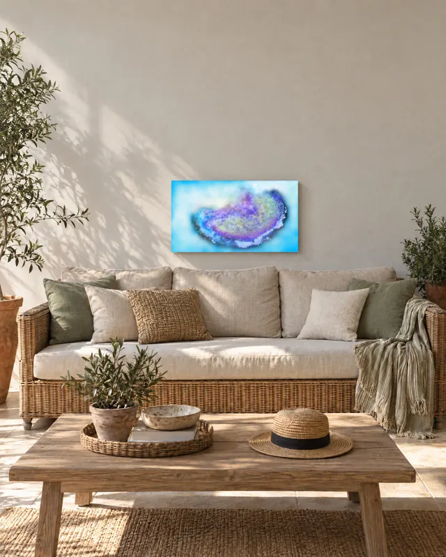 A painting above a sofa in a veranda