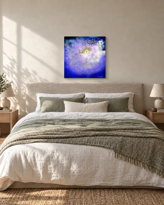A painting above a bed with linen sheets