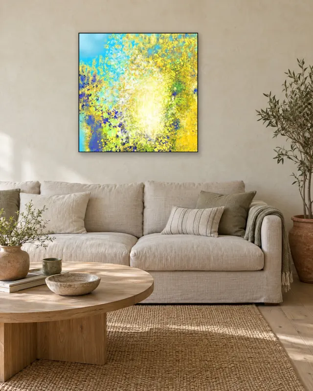 A large painting in a black box frame above a sofa