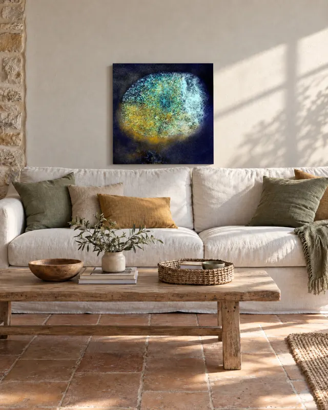 A painting in a stone-walled living room