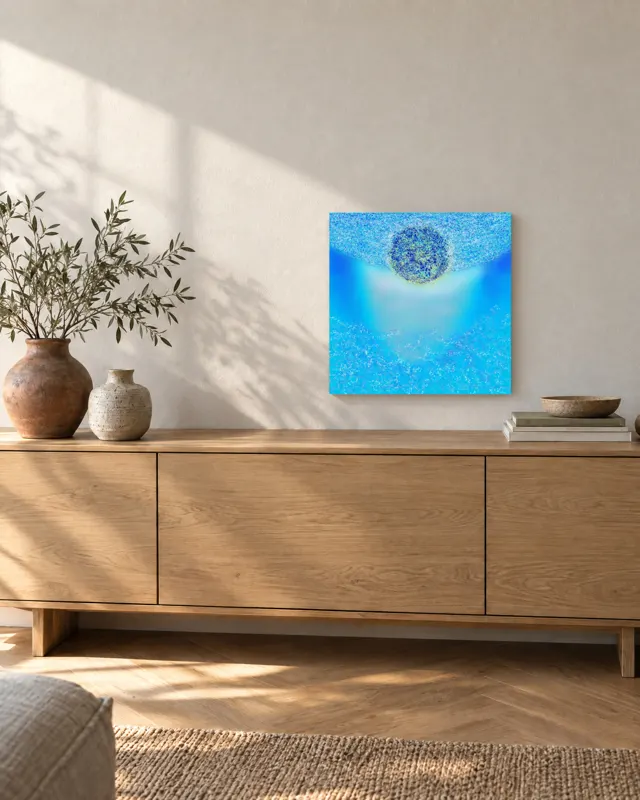 A painting above a long sideboard